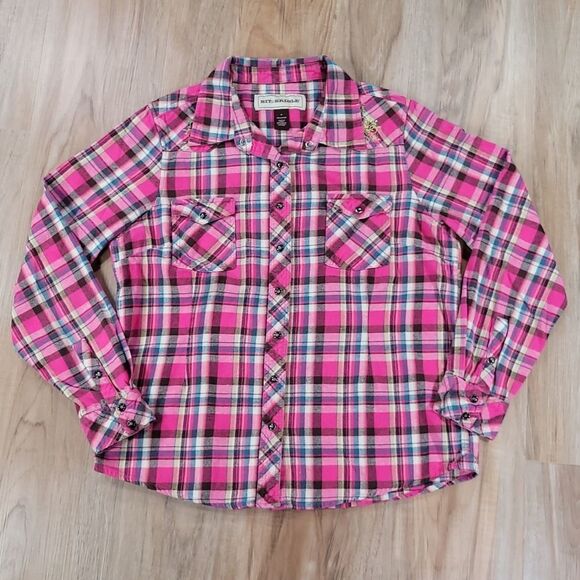 🔺️Bit & Bridle Pink Plaid Flannel Long Sleeve Shirt w/Chest Pockets Medium - Picture 1 of 12